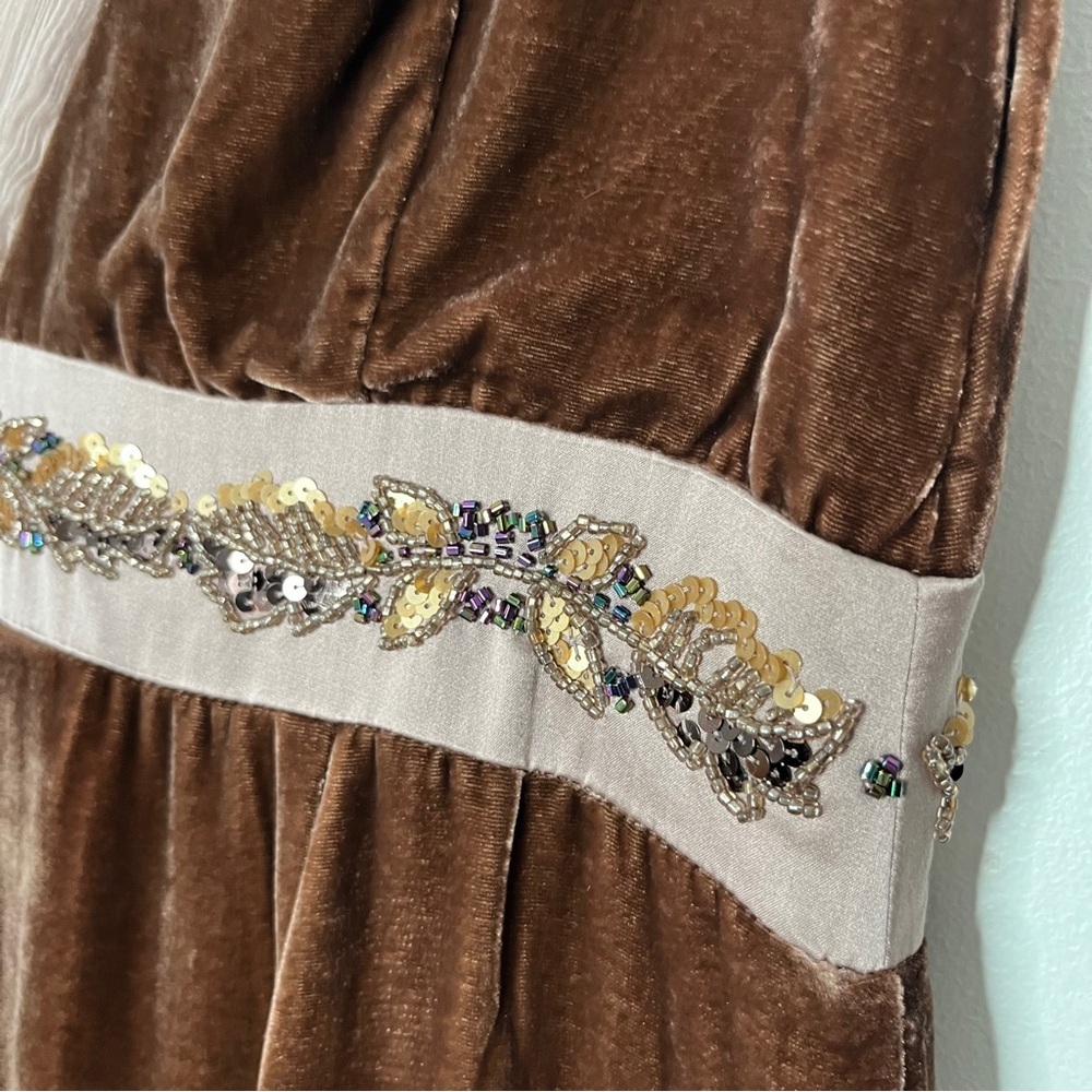 Saja Silk Velvet Midi Dress Beaded and Shear Details Brown Fairy Whims Size 6 - Picture 5 of 9